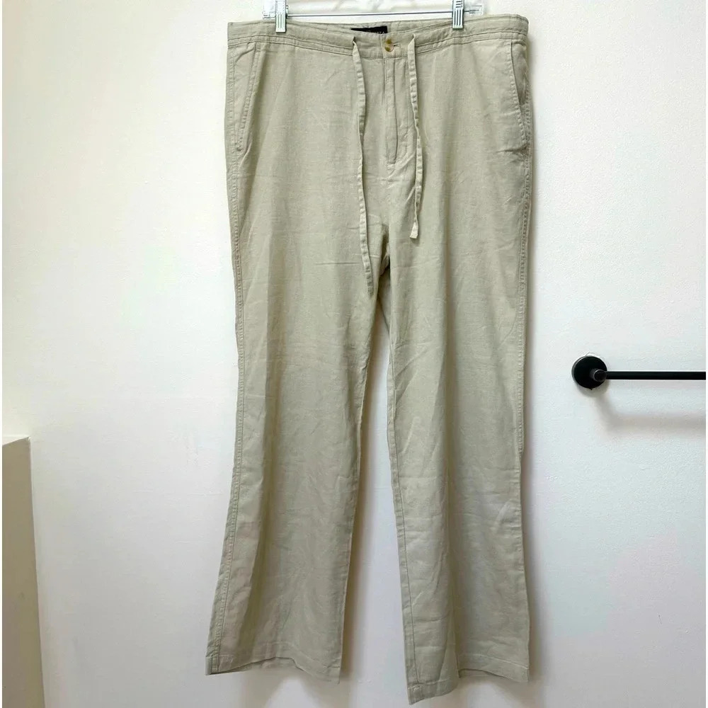 Andrew Fezza Linen Blend Zip Tie Straight Leg Cream Pants Sz XL‎